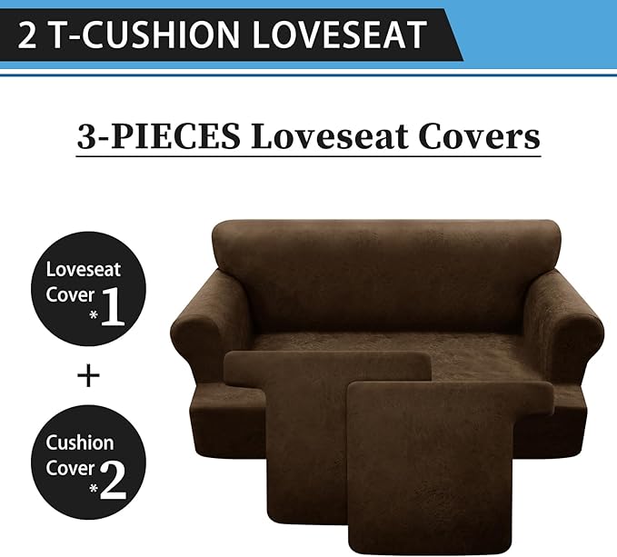 3-Pieces T Cushion Loveseat Slipcovers Leather Look Couch Cover Loveseat Covers for 2 Cushion Couch Furniture Protector Stretch Sofa Cover with 2 Individual T Cushion Seat Covers, Dark Brown