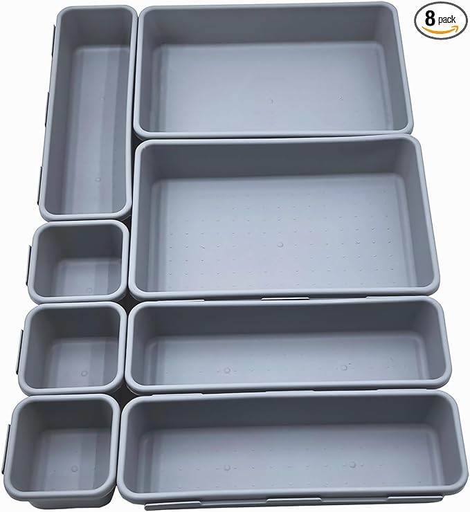 U-KIME Desktop Storage Box ,Tabletop Clutter Organizers For Cosmetics, Stationery, Kitchen Utensils, Office Supplies & Small Items(Light gray / 8-Piece set)