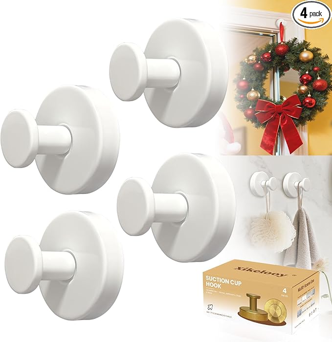 Suction Cup Hooks, Suction Cup Hooks for Shower,Removable Towel Hooks for Bathroom Window Glass Door Wall, Bath Robe Looafh Wreath Hook for Hanging (White)