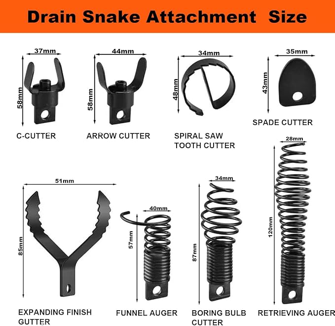 9-Piece Drain Snake Attachment for 5/16" to 3/4" Cables Heavy-Duty Manganese Steel Cutters for Roots Grease and Stubborn Clogs Includes 9 heads Storage Case and Metal Ring