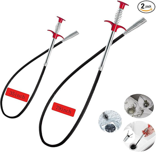 2-Pack Drain Snake & Clog Remover Tool (35'' & 79'') - Gutter Cleaning Tools Flexible Plumbing Auger Tool with Hair Grabber Claw for Shower, Sink, Toilet, Bathtub, Kitchen Pipe Cleaning