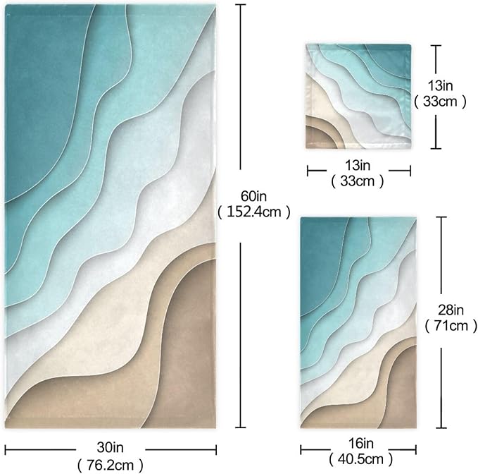 Turquoise Brown Cream Gradient Bath Towels Set,Ultra Soft 3 Piece Abstract Beach Theme Ocean Towels for Bathroom,1 Bath Towel 1 Hand Towel 1 Washcloth,Absorbent Decoractive Bathroom Towels