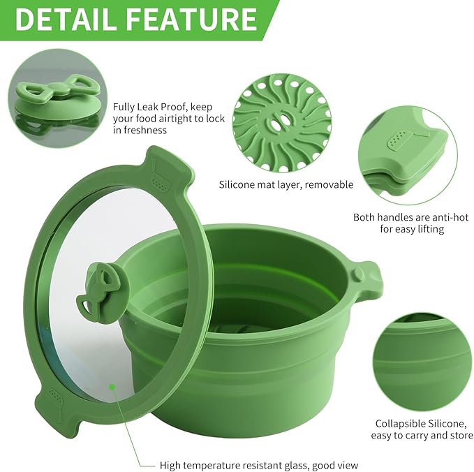 Collapsible Silicone Microwave Cookware Cooker Steamer for Cooking with Lids, 1.4L Glass Food Storage Container Sealed Bowl Mixing Bowls 2pc Set BPA Free