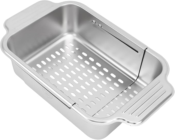AYNEFY Extendable Over The Sink Basket Expandable Stainless Steel Colander 304 Food Grade Strainer for Washing Vegetables Fruits Pasta Dishes with Rubber Grip Handles (L)