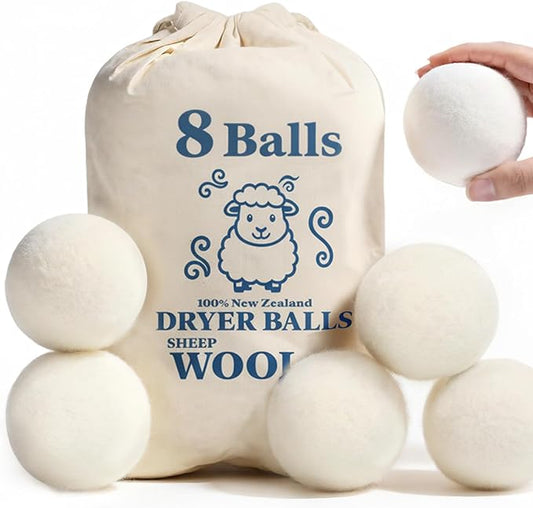 Wool Dryer Balls, New Zealand Dryer Balls Laundry Reusable Reduce Static Cling, Dryer Ball to Reduce Wrinkles & Shorten Drying Time, Drying Balls Fabric Softener Ball for Laundry（Pack of 8)