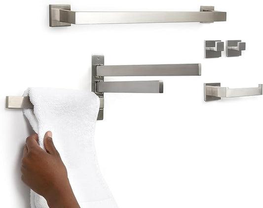 5-Piece Bathroom Hardware Accessory Set with Swivel Towel Rack, Modern 23-Inch Towel Bar Set Wall Mounted, Heavy Duty Stainless Steel Bathroom Accessories (Silver)