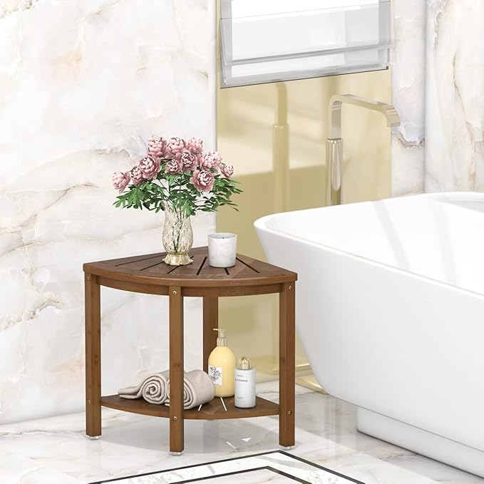 Bamboo Corner Shower Bench Waterproof Stool with Space-Efficient Storage Shelf - Shower Stool Seat for Indoor or Outdoor Use(Walnut)