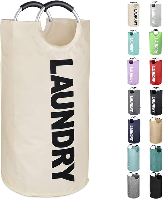 Tall Laundry Hamper Bag Collapsible, Large Laundry Basket with Sturdy Handles, Fabric Dirty Clothes Bin for Laundry, College Dorm, Boys, Man, Durable, Heavy Duty Two-Layer - White