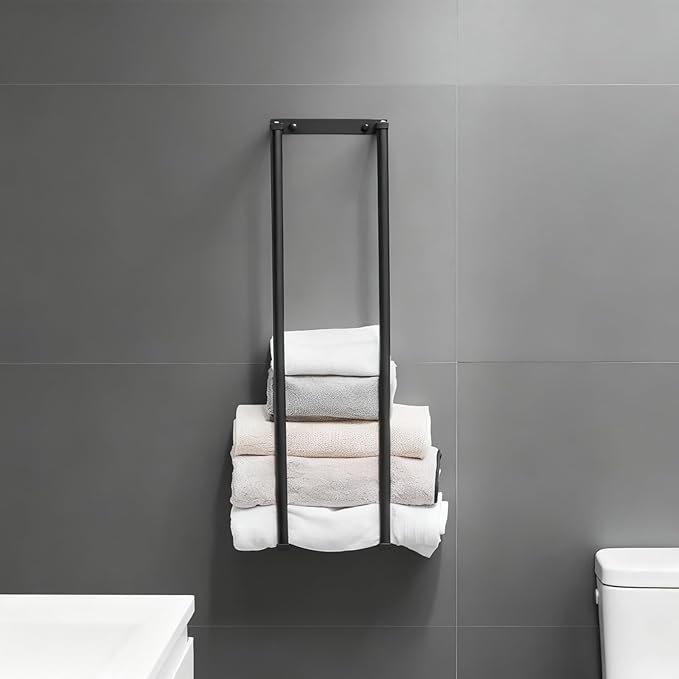 Towel Racks for Bathroom, NEWRAIN Rolled Towel Storage Wall Mounted Bath Towel Holder for Folded Large Towel Washcloths, Bathroom Organizing Matte Black