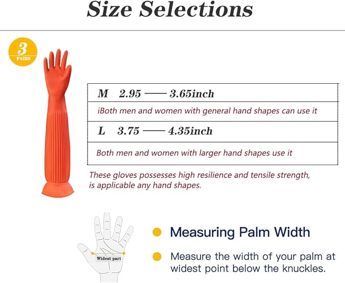 3 Pairs Household Extra Long Kitchen Gloves for Washing Dishes，20.05inches Rubber Cleaning Gloves，Reusable Latex Living Wash Gloves，Long Sleeves(Medium, Red)