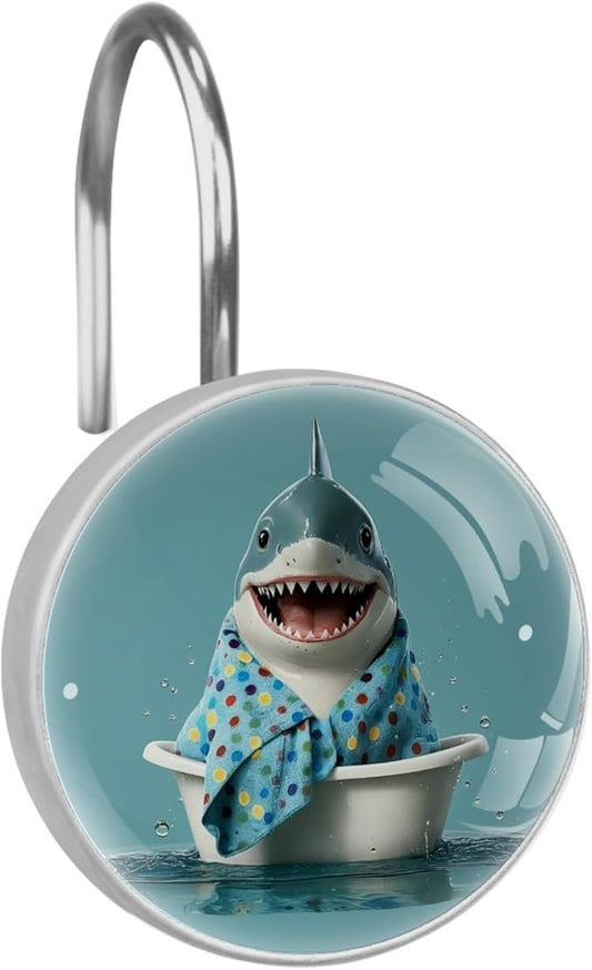 Bathing Cartoon Shark Shower Curtain Hooks Rings, Stainless Steel Rust Proof Shower Curtain Hooks, Decorative Shower Hooks for Bathroom Shower Rods Curtains, Set of 12