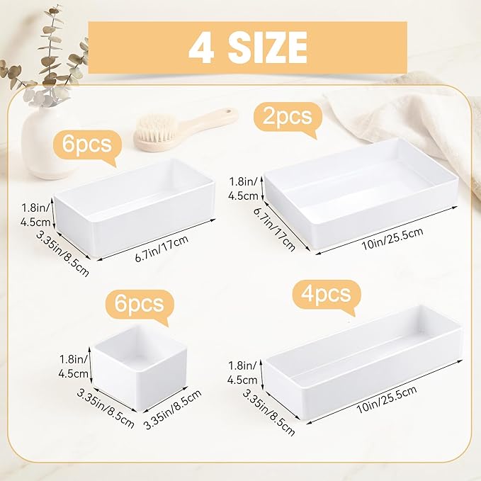 18 Pcs Drawer Organizer Stackable 4 Size Makeup Drawer Organizer Trays Acrylic Bathroom Vanity Storage Bins for Cosmetic, Jewelries, Office Supply, Kitchen Utensils (White,Glossy)