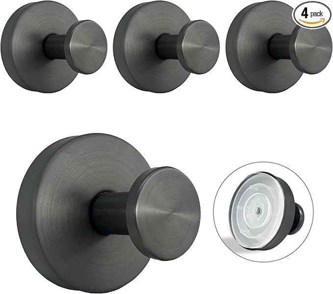 Suction Cup Hooks for Shower - 4 Pack, Gray - Stainless Steel, Strong Suction, No Drill, Removable Hanger, Tile Bathroom Kitchen Wall, Glass Door, Mirror Hook Hanging Robe, Towel Holder