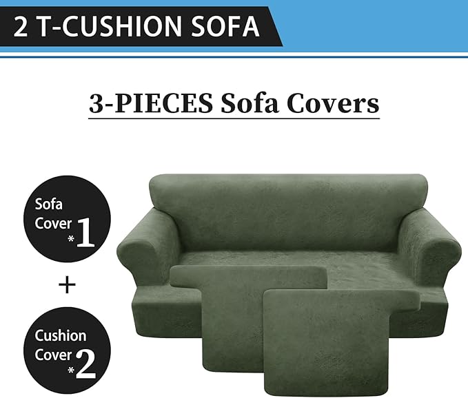 3-Pieces T Cushion Sofa Slipcovers Leather Look Couch Cover for 2 Cushion Couch Furniture Protector Stretch Sofa Cover with 2 Individual T Cushion Seat Covers Washable, Army Green