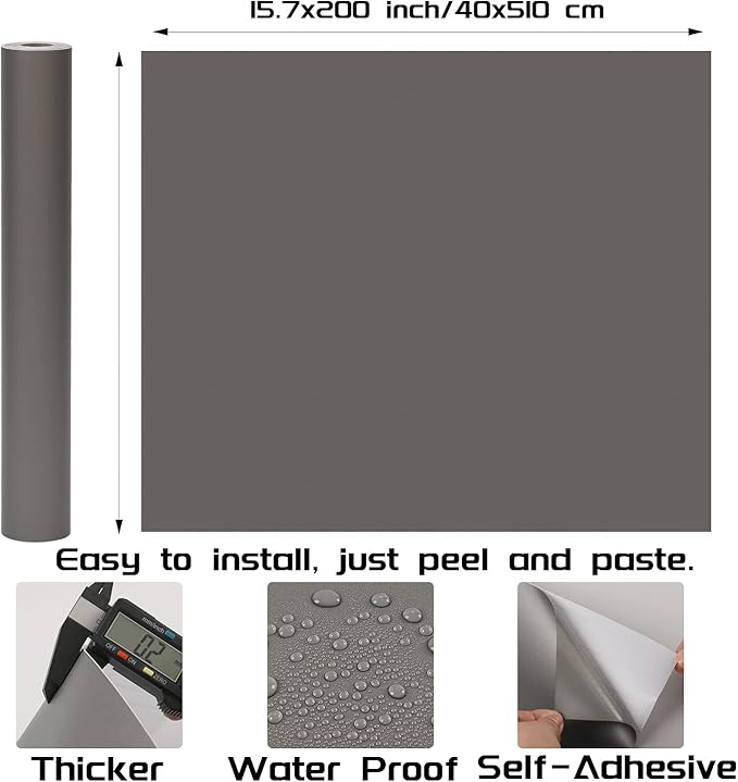 Silver Grey Matte Wallpaper - 15.7 x 200 Inch Self Adhesive Wallpaper for Wall, Stand Liner, Table, Door Makeover Decor