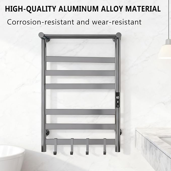 Heated Towel Rack for Bathroom, Towel Warmer Rack, Wall Mounted Wired Heated Towel Rack, with Timer and Temperature Adjustment, Overheat Protection Function, Aluminum Alloy