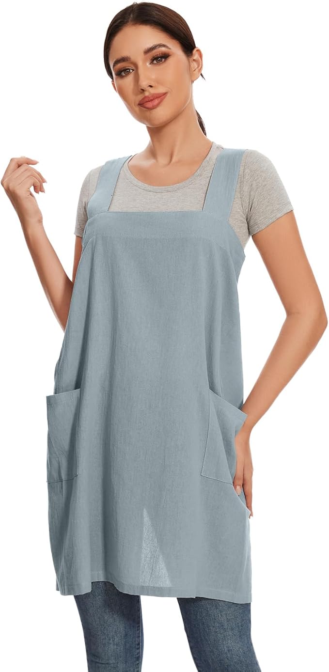 Women Apron with 2 Pockets Cotton Linen Kitchen Baking Cooking Chef Cross Back Pinafore Dress