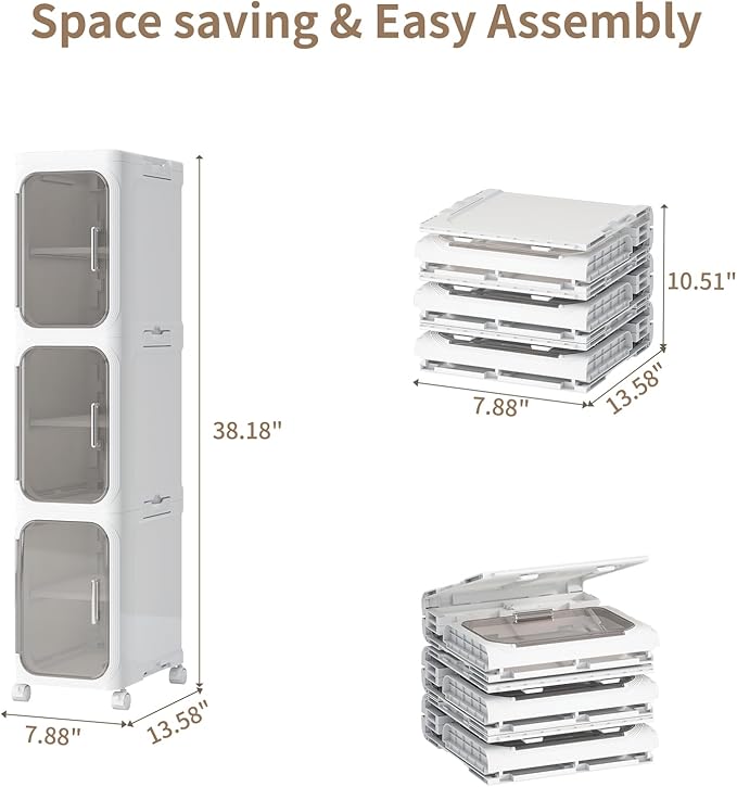KHNR 3-Tiers Slim Bathroom Storage Cabinet, Foldable Storage Cabinets,Narrow Bathroom Storage,Movable Bathroom Storage Organizer for Small Spaces,Bathroom,Kitchen,Laundry,White