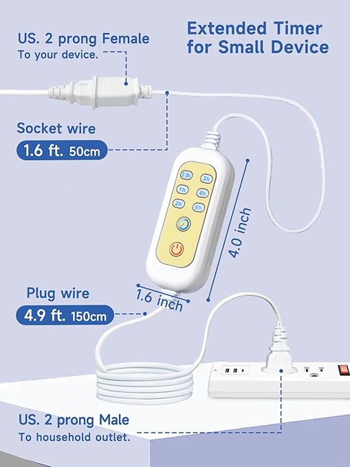 Extension Cord with Timer - x1, (Only auto-Off, Not self-Startup), 6 Options Timer Outlets for Electric Wax Warmer, Christmas Lights, Floor Lamps, Reading Lamp, Phone Chargers