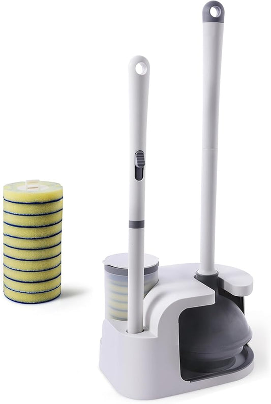 Eyliden Disposable Toilet Brush and Plunger Combo | 2-in-1 Toilet Bowl Wand Kit - 10 Count Pre-Soaked Refill Heads, 3-Step Plunger, Storage Holder - Compact Toilet Cleaning System (White)