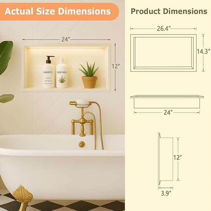 Suteck Shower Niche, 12"x24" Shower Niches Ready for Tile,Stainless Steel Shower Shelf Insert Niches for Tile Showers,Single Niche Tile Recessed for Bedroom,Living Room,Toile,Bathroom Storage Black