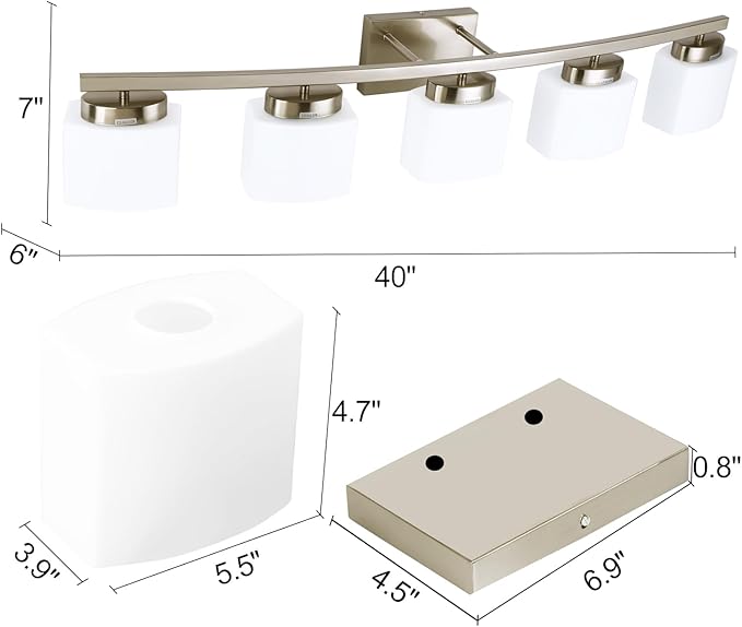 5 Light Brushed Nickel Vanity Lighting Fixture with Milky White Glass Shade for Bathroom Over Mirror, 40 Inches