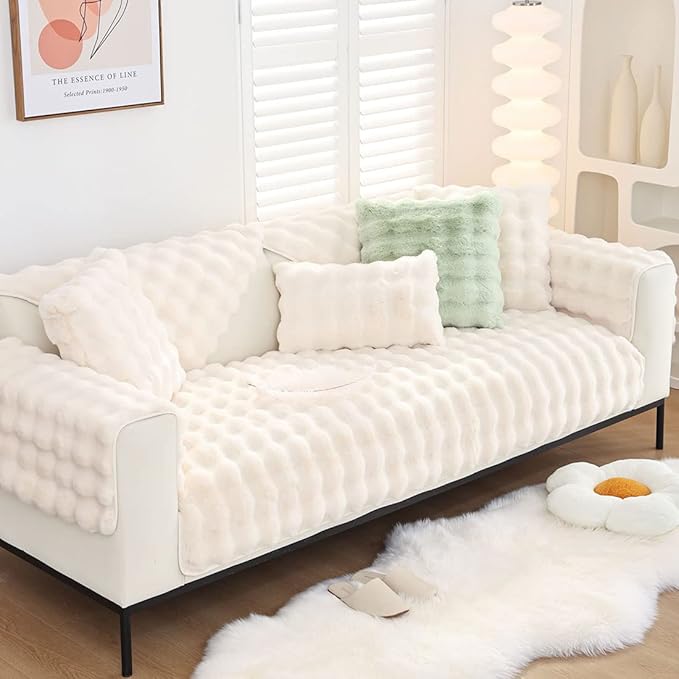 Soft Warm Faux Fur Couch Sofa Cover Thick Shaggy Fuzzy Sectional Couch Cover Non-Slip Solid Color Plush Sofa Slipcover Furniture Protector for Kids, Pets (Cream,28"x59")