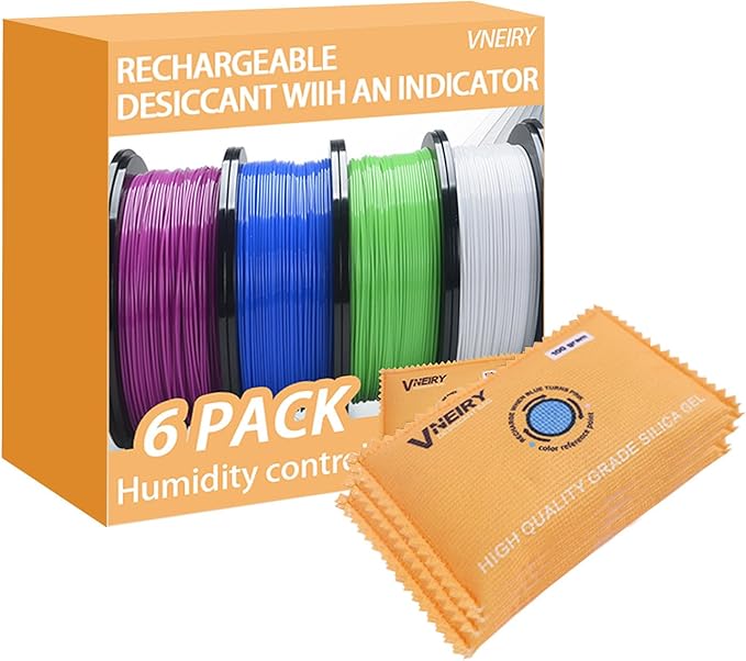 100g Rechargeable Colordot Desiccant packet (6) Reusable Moisture Absorbers with Color Indicator for 3D Filaments, Closets, Cars, Storage Bins, Luggage, Gun Safe & Small Spaces