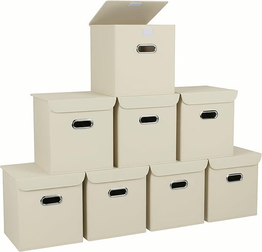 Closet Organizers Fabric Storage Bins With Lids Collapsible Cube Storage Organizer Basket With Handles,Storage Boxes for Clothes Storage,Office,Laundry,Shelves,8 Pack,（Creamy-White）