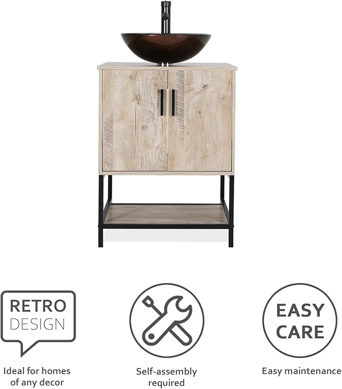eclife 24" Bathroom Vanity Sink Combo Modern Metal Stand Cabinet W/Bottom Shelf Brown Round Vessel Sink & Water Save Faucet & Pop Up Drain, Oak (A09)