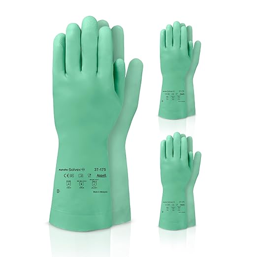 Ansell AlphaTec Solvex 37-175 Flocked Chemical-Resistant Gloves for Cleaning, Agriculture, Food, Mechanics, Oil - XL, Green (3 Pairs)
