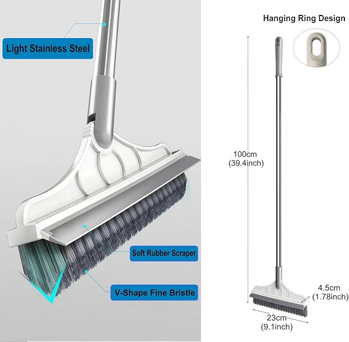 Magic Broom 2 in 1 Scrub Brush with Long Handle, V-Shape Stiff Bristle Brush Scraper, Squeegee and 120 Rotating Head for Bathroom, Glass and Wall Cleaning