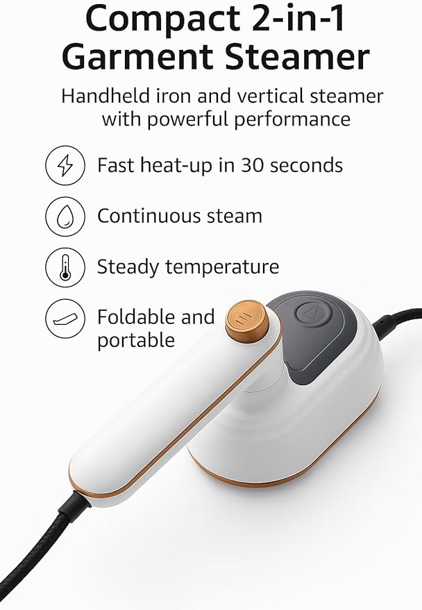 970 W Compact 2‑in‑1 Handheld Garment Steamer & Mini Iron – 5‑Second Rapid Heat, Dry & Wet Ironing, Anti‑Scald, Foldable, Travel & Home Use