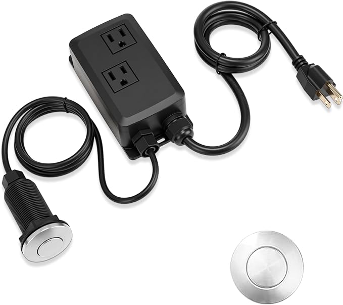 Garbage Disposal Air Switch Kit Wireless Sink Top Garbage Disposal Button Stainless Steel/On/Off Waterproof Button Kit with Long Switch Matte UL Listed(Dual Outlet,Silver,Long Size)