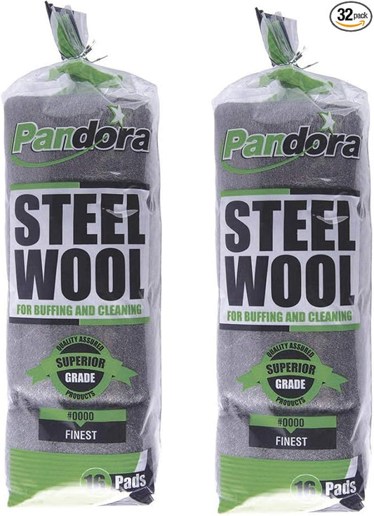 Pandora Steel Wool #0000 - Finest Grade, 32 Pads for Buffing and Cleaning - Metal Strands - Ideal for Windows and Furniture