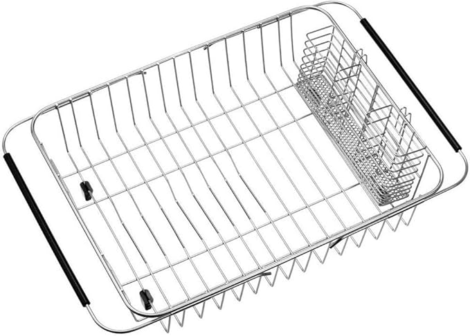 SANNO Expandable Pull Out Cabinet Shelf,Under Sink Slide Out Cabinet Organizer, Pots Pans Kitchen Organizer Basket Dish Drying Rack with Stainless Steel Utensil Holder Large Dish Rack Drainer