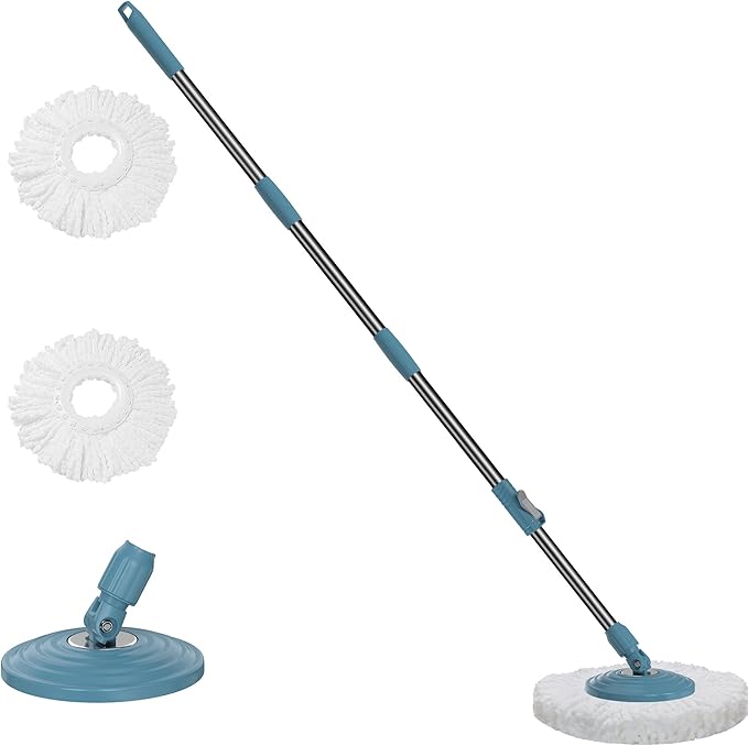 Stainless Steel Extendable Mop Handle with 2 Microfiber Replacement Heads & 360° Rotating Base Plate — Fits Standard Mop Buckets -Navy Blue