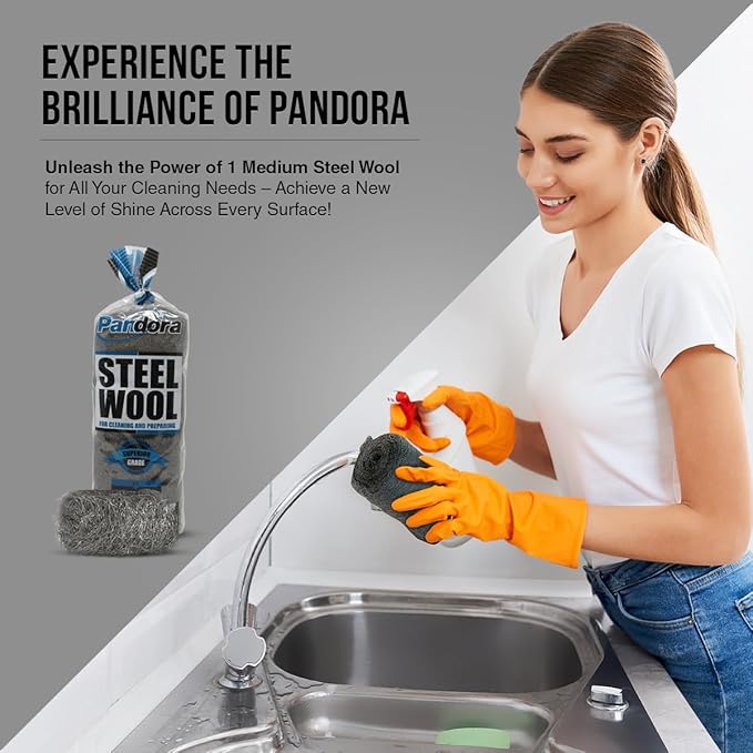 Pandora Steel Wool #1 – Medium Grade, 48 Pads for Cleaning and Preparing- Metal Strands - Ideal for Linoleum Floors, Bowling Balls, and Shoe Soles