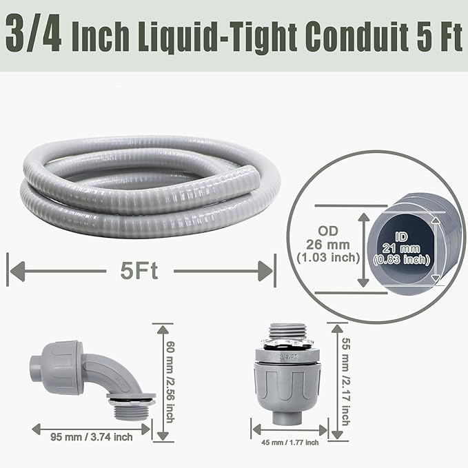Liquid-Tight Conduit and Connector Kit - 3/4 Inch 5 FT Non Metallic Liquid Tight Electrical Conduit with 1 Straight and 1 Angle Fittings