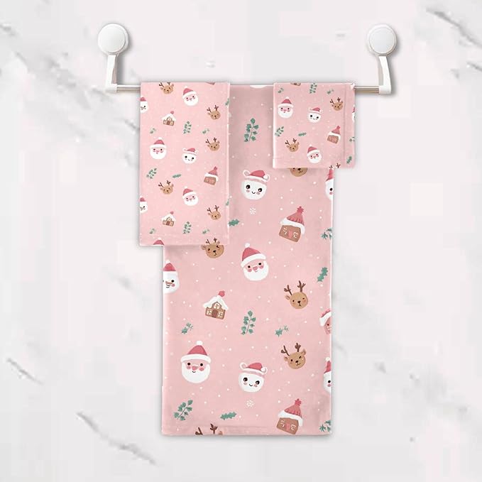 Pfrewn Christmas Winter Towels Set of 3 Christmas Symbol with Pink Bathroom Towel Soft Absorbent Bath Hand Towels Washcloth Guest Towel Sets Xmas Holiday Decor