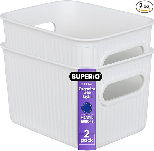 Superio Ribbed Collection - Decorative Plastic Basket Open Home Storage Bins Organizer, Small White (2 Pack) Container Boxes for Organizing Closet Storage Bins for Shelves Drawer Shelf 1.5 Liter