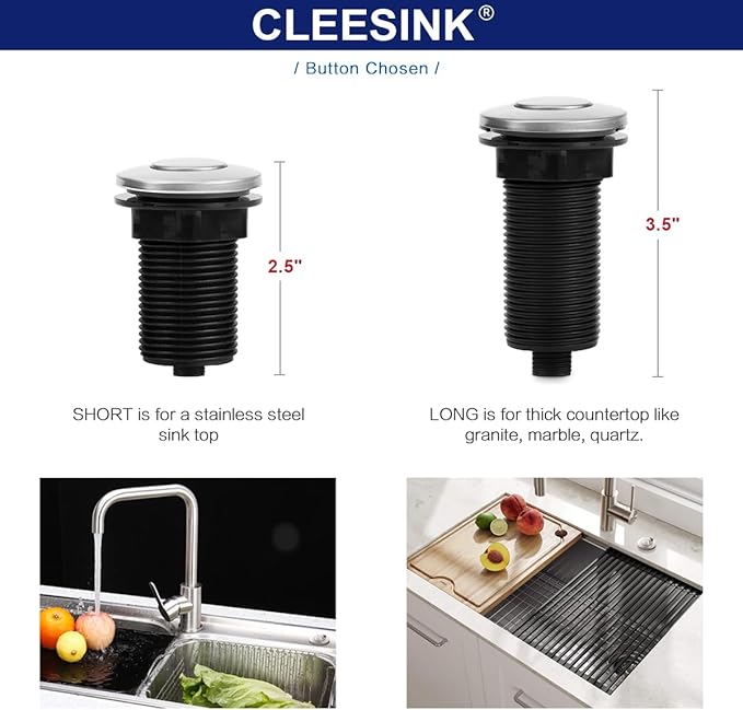 Sink Top Air Switch Kit Garbage Disposal Part by CLEESINK (LONG/3.5", Brushed Nickel Stainless Steel)