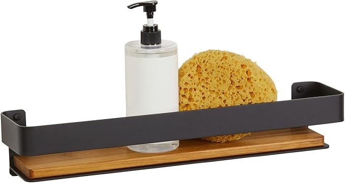 Seachrome Rectangular Shower Shelf with Rail in a Matte Black Finish and Natural Teak Wood Insert