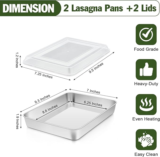 TeamFar Rectangular Cake Pans with Lids, 9.3’’ x 7’’ x 1.9’’ Stainless Steel Lasagna Brownie Pan For Roasting Baking, Healthy & Solid, Brushed Surface & Dishwasher Safe, (2 Pans+2 Lids)