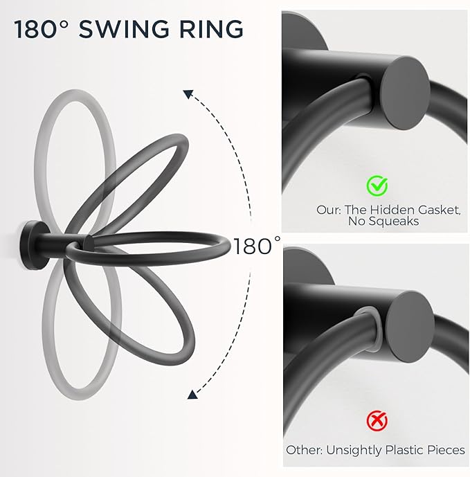 FORIOUS 4 Piece Bathroom Accessories, SUS304 Stainless Steel Toilet Paper Holder, Towel Ring and 2 Towel Hooks, Wall Mounted Bathroom Hardware Set (Matte Black,Double Post Pivoting)