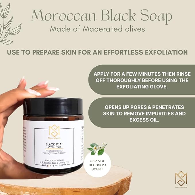 Exfoliating Glove Kessa Mitt Body Scrubber – Dead Skin Remover Shower Glove for Deep Pore Cleansing, Black Soap, and Moisturizer with Argan Oil by Moroccan Source – 3 Piece Spa Set Kit