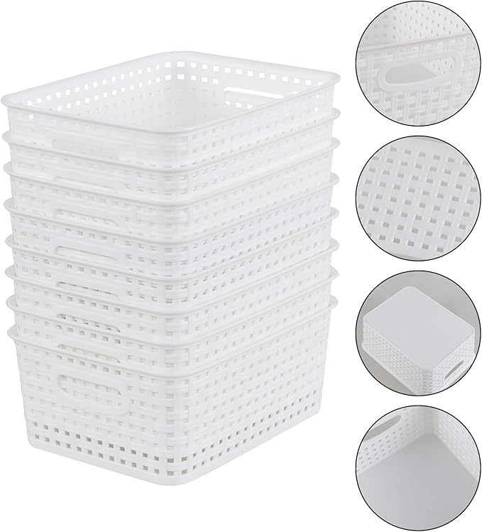 8 Packs Small Plastic Woven Basket, White Storage Baskets for organization
