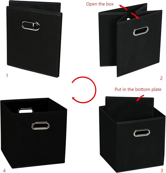 Yunkeeeper storage bins Cubes, Fabric Cube Organizer with Handle, Foldable Cube Bins for Cloth or Accessary Storage, 11x11x11, Set of 3, (Black)