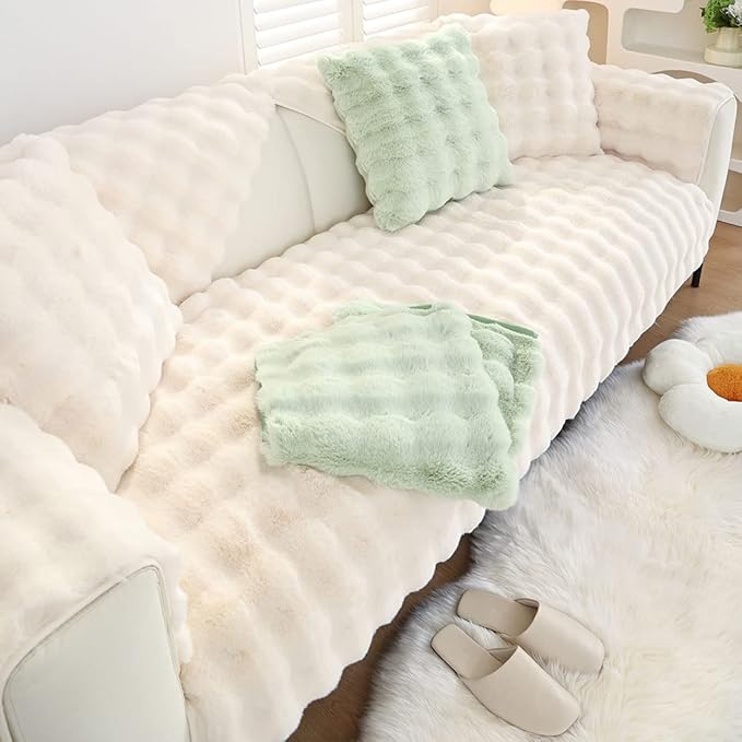 Soft Warm Faux Fur Couch Sofa Cover Thick Shaggy Fuzzy Sectional Couch Cover Non-Slip Solid Color Plush Sofa Slipcover Furniture Protector for Kids, Pets (Cream,28"x47")