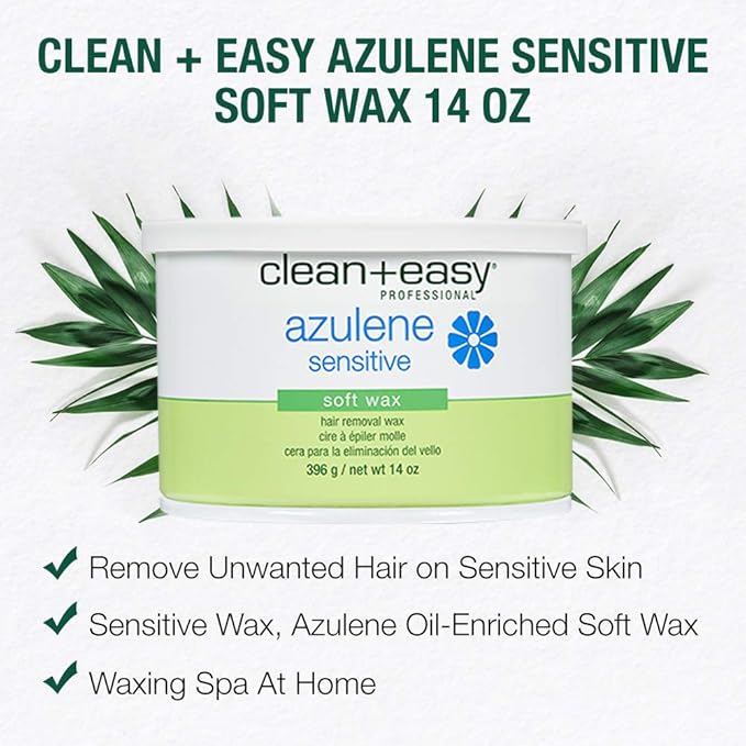 Clean + Easy Azulene Sensitive Soft Wax – Wax for Sensitive Skin Hair Removal, Gentle & Soothing Formula for Face & Body, 14 oz